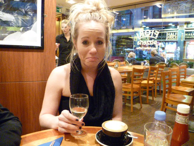 Lisi double fisting Coffee and Wine for some horrible reason